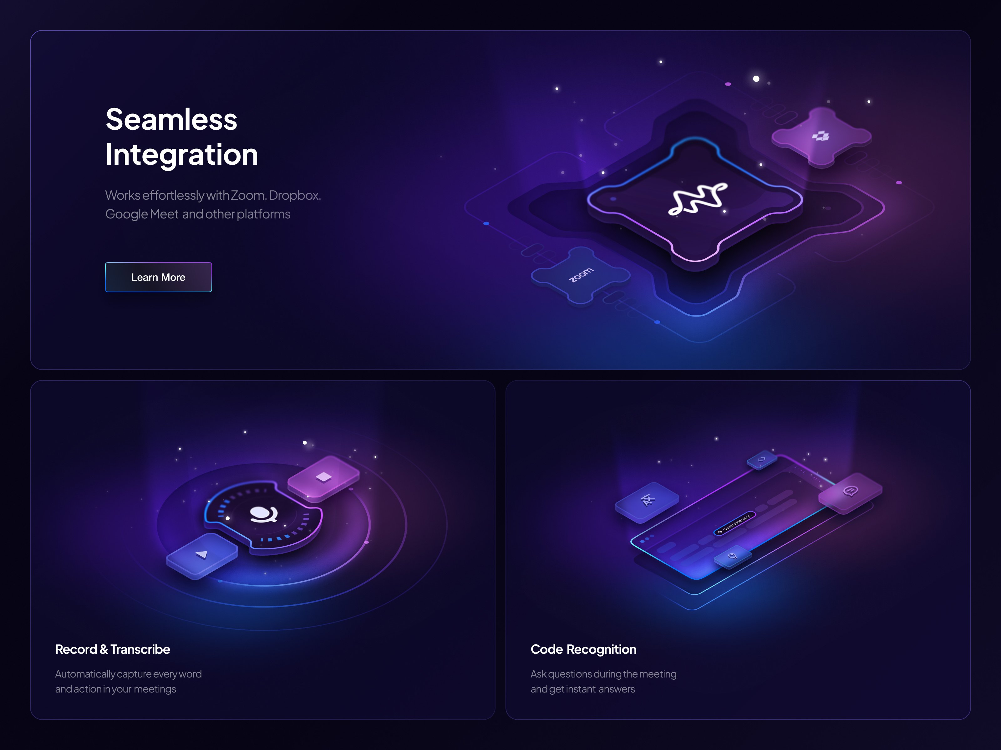 Example of AI Assistant UI – Transcription, Code Recognition - Cards Layout
